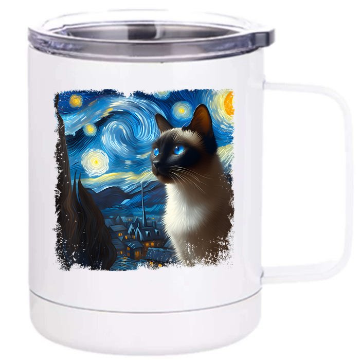 Funny Cute Siamese Cat Starry Night Van Gogh Painting Front & Back 12oz Stainless Steel Tumbler Cup