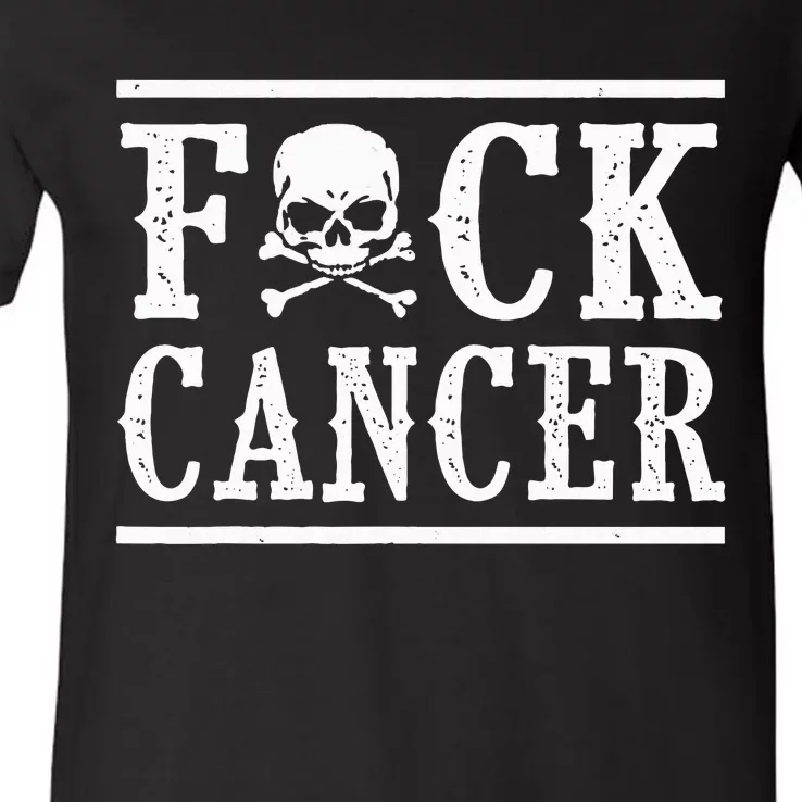 Fuck Cancer Skull and Crossbones Skeleton Breast Cancer V-Neck T-Shirt