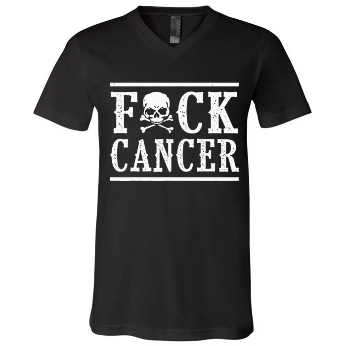 Fuck Cancer Skull and Crossbones Skeleton Breast Cancer V-Neck T-Shirt