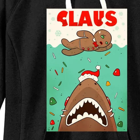 Funny Christmas Santa Claus Shark Attack Gingerbread Man Women's Fleece Hoodie