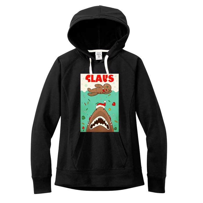 Funny Christmas Santa Claus Shark Attack Gingerbread Man Women's Fleece Hoodie