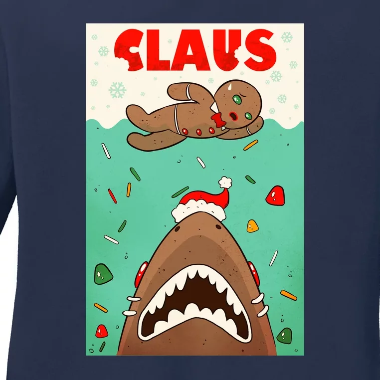 Funny Christmas Santa Claus Shark Attack Gingerbread Man Ladies Long Sleeve Shirt