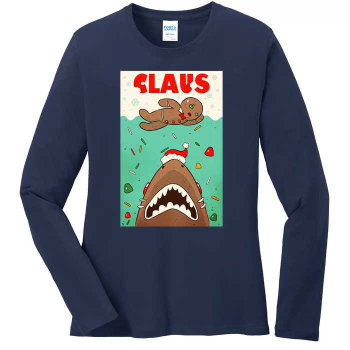 Funny Christmas Santa Claus Shark Attack Gingerbread Man Ladies Long Sleeve Shirt