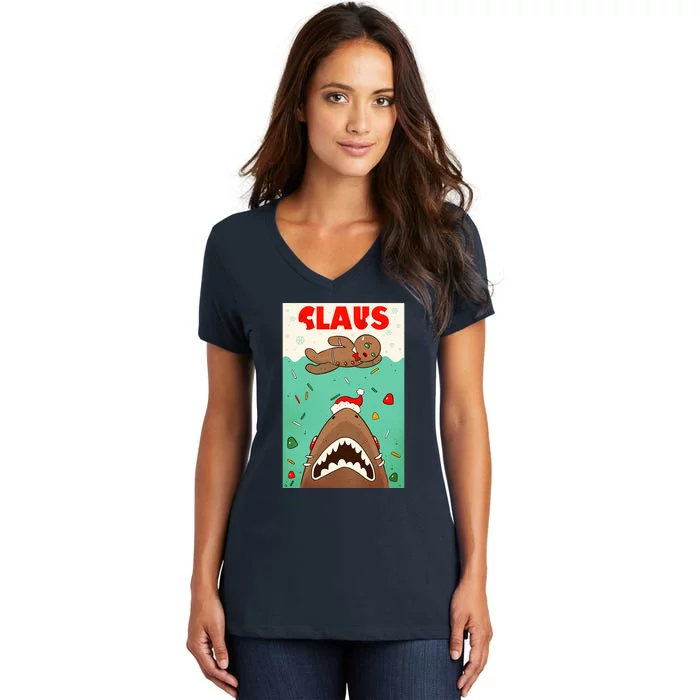 Funny Christmas Santa Claus Shark Attack Gingerbread Man Women's V-Neck T-Shirt