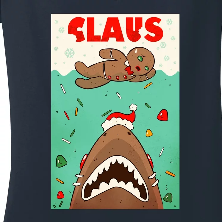 Funny Christmas Santa Claus Shark Attack Gingerbread Man Women's V-Neck T-Shirt