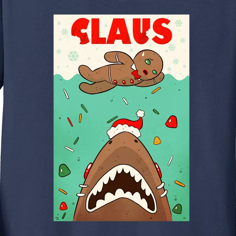 Funny Christmas Santa Claus Shark Attack Gingerbread Man Kids Long Sleeve Shirt