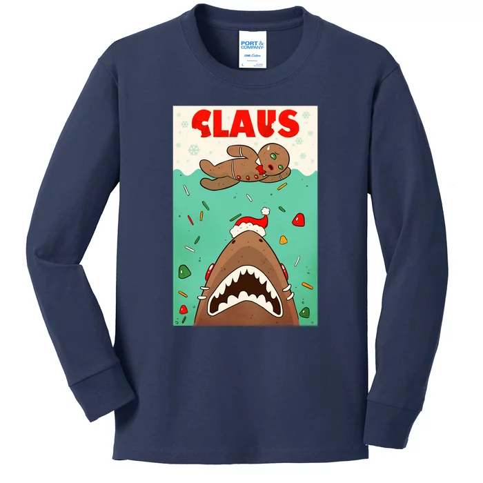 Funny Christmas Santa Claus Shark Attack Gingerbread Man Kids Long Sleeve Shirt