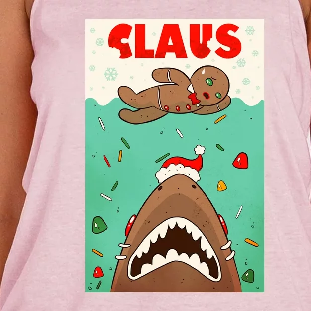 Funny Christmas Santa Claus Shark Attack Gingerbread Man Women's Knotted Racerback Tank