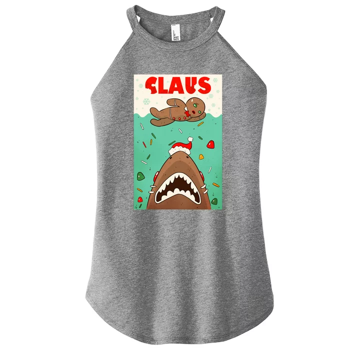 Funny Christmas Santa Claus Shark Attack Gingerbread Man Women’s Perfect Tri Rocker Tank