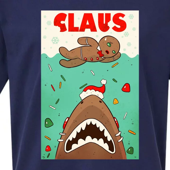 Funny Christmas Santa Claus Shark Attack Gingerbread Man Sueded Cloud Jersey T-Shirt