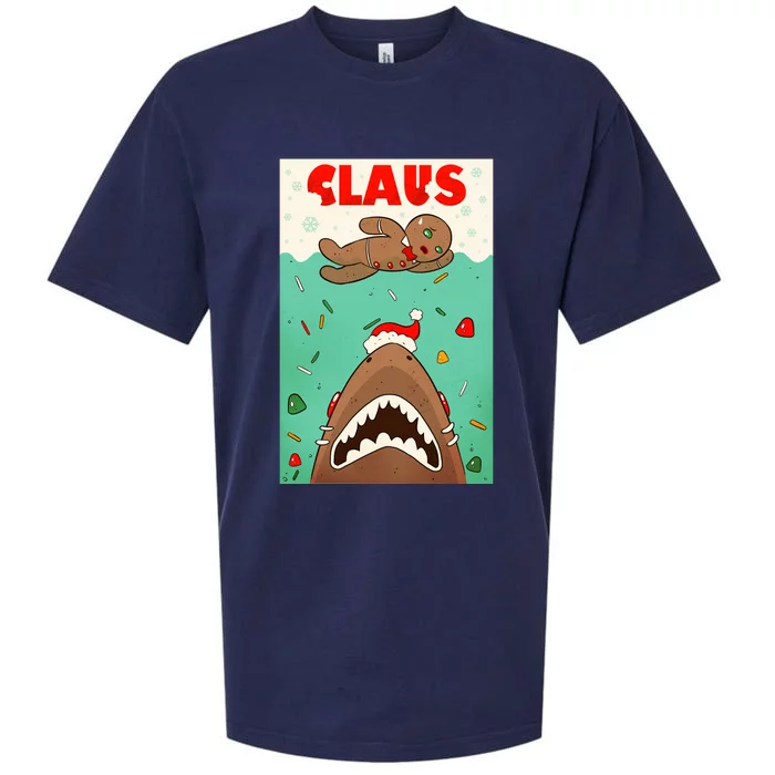 Funny Christmas Santa Claus Shark Attack Gingerbread Man Sueded Cloud Jersey T-Shirt