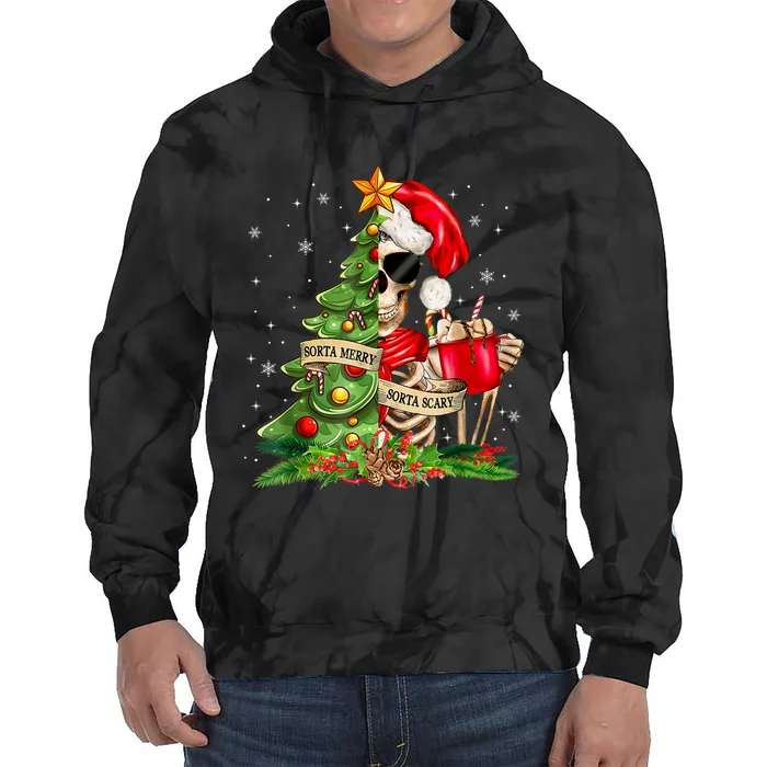 Funny Christmas Sorta Merry Sorta Scary Skeleton Xmas Tree Tie Dye Hoodie