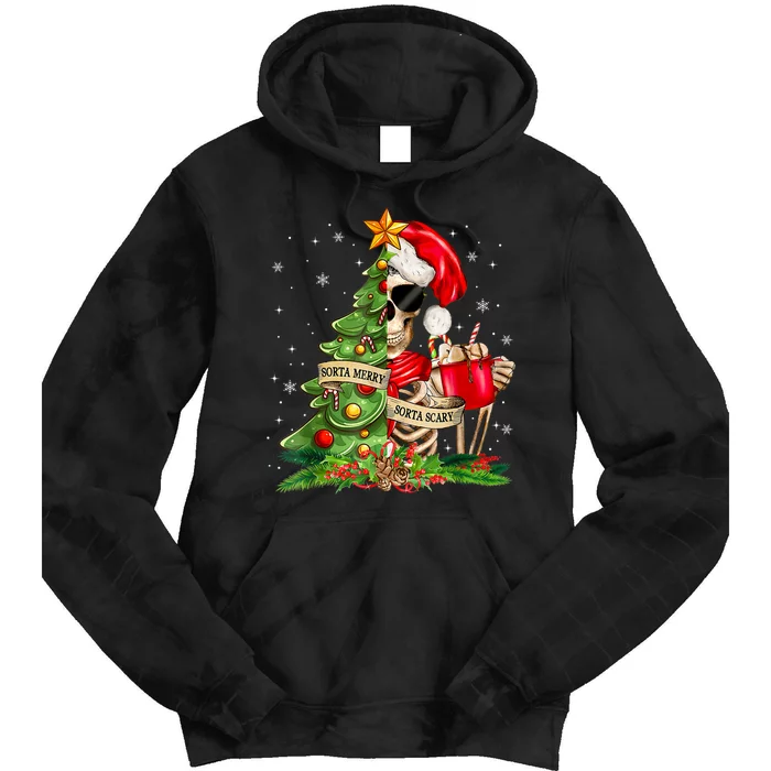 Funny Christmas Sorta Merry Sorta Scary Skeleton Xmas Tree Tie Dye Hoodie