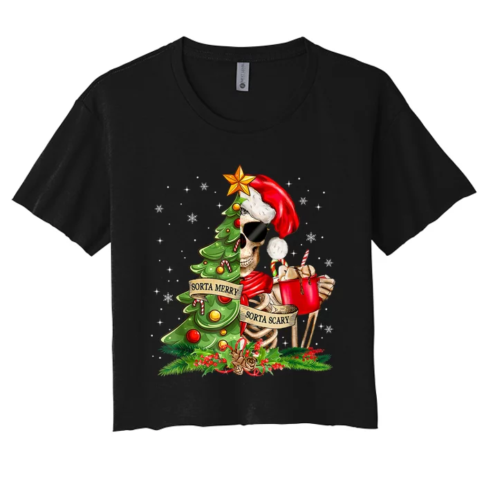 Funny Christmas Sorta Merry Sorta Scary Skeleton Xmas Tree Women's Crop Top Tee