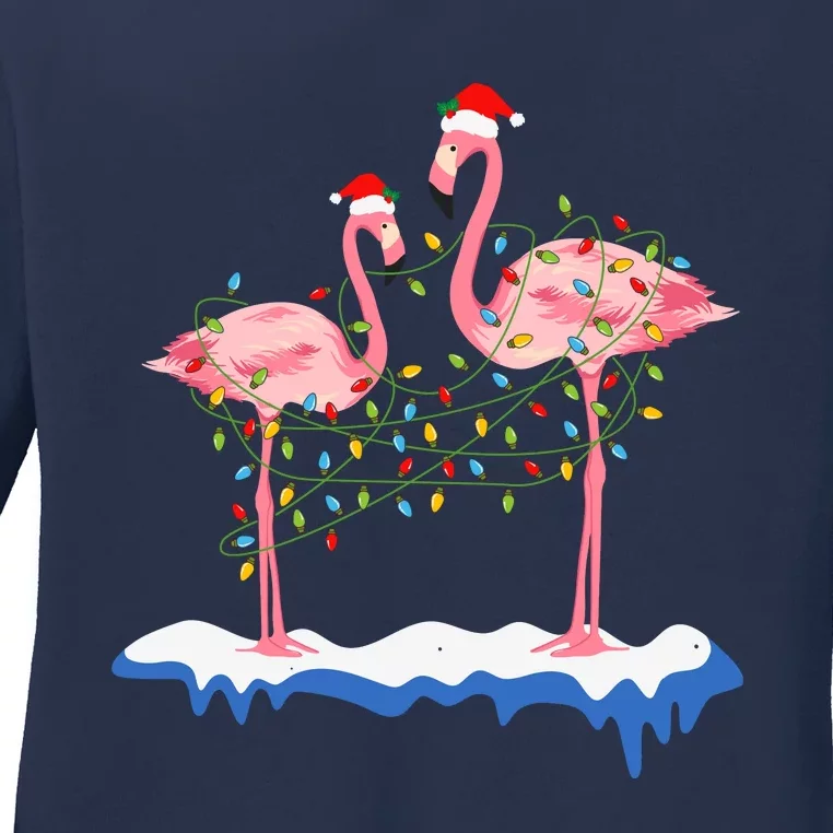 Flamingo Christmas Santa Hat Christmas Lights Flamingo Lover Ladies Long Sleeve Shirt