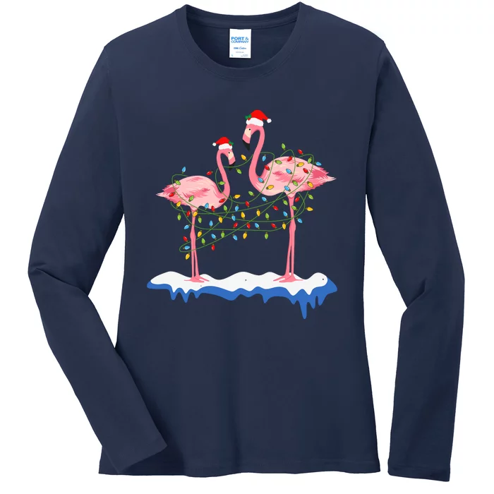 Flamingo Christmas Santa Hat Christmas Lights Flamingo Lover Ladies Long Sleeve Shirt