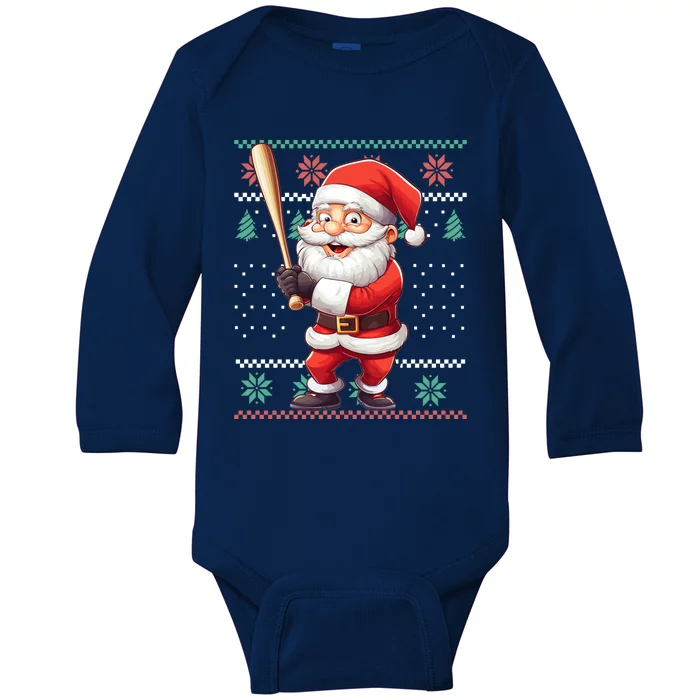 Funny Christmas Santa Claus With Baseball Bat Cute Gift Baby Long Sleeve Bodysuit