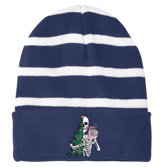 Funny Christmas Sorta Merry Sorta Scary Skeleton Xmas Tree Striped Beanie with Solid Band