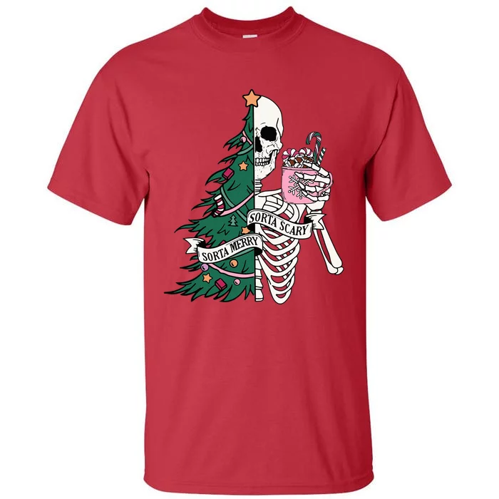 Funny Christmas Sorta Merry Sorta Scary Skeleton Xmas Tree Tall T-Shirt