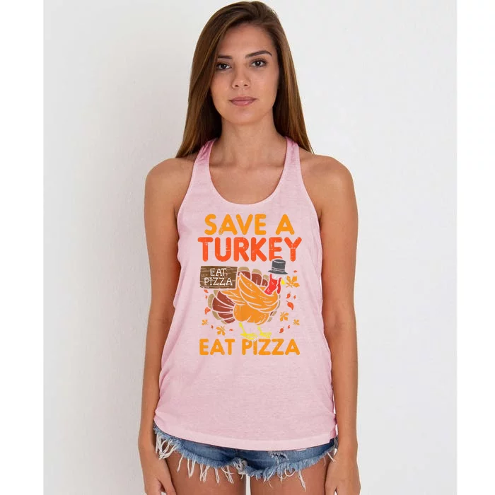 Funny Cute Save A Turkey Eat Pizza Thanksgiving Food Lover Gift Women's Knotted Racerback Tank