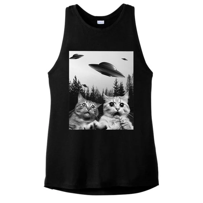 Funny Cat Selfie with UFOs Ladies Tri-Blend Wicking Tank