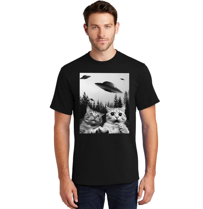 Funny Cat Selfie with UFOs Tall T-Shirt