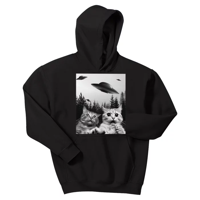 Funny Cat Selfie with UFOs Kids Hoodie