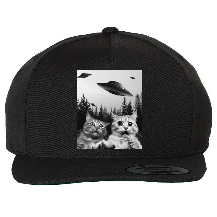 Funny Cat Selfie with UFOs Wool Snapback Cap