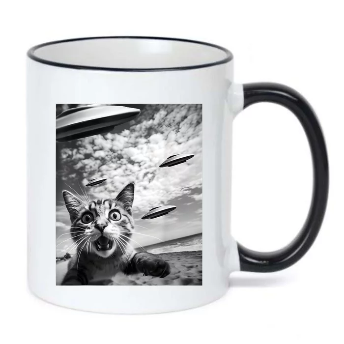 Funny Cat Selfie With Alien Ufos Black Color Changing Mug