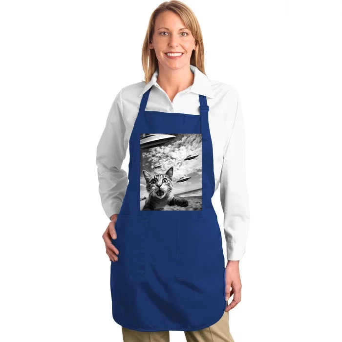 Funny Cat Selfie With Alien Ufos Full-Length Apron With Pocket