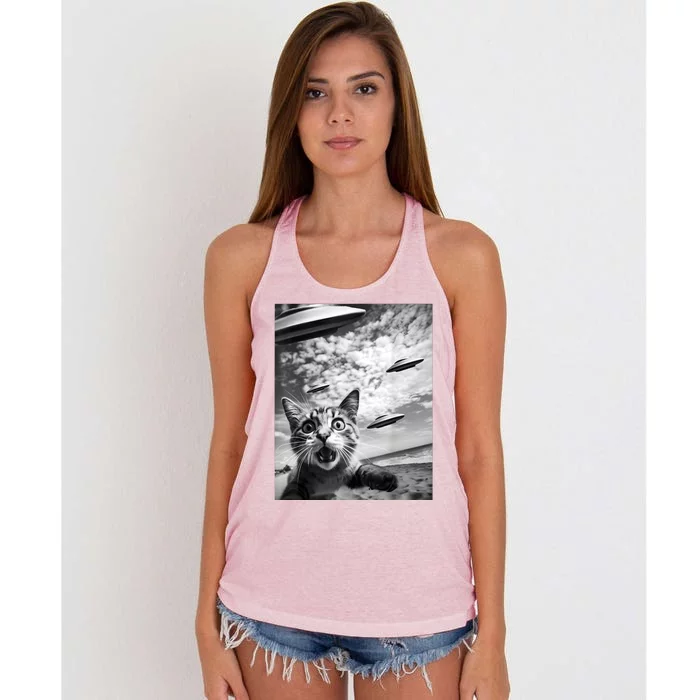 Funny Cat Selfie With Alien Ufos Women's Knotted Racerback Tank