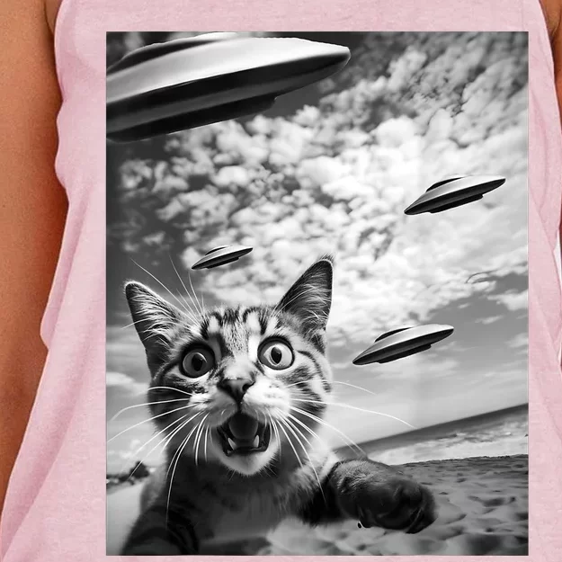 Funny Cat Selfie With Alien Ufos Women's Knotted Racerback Tank