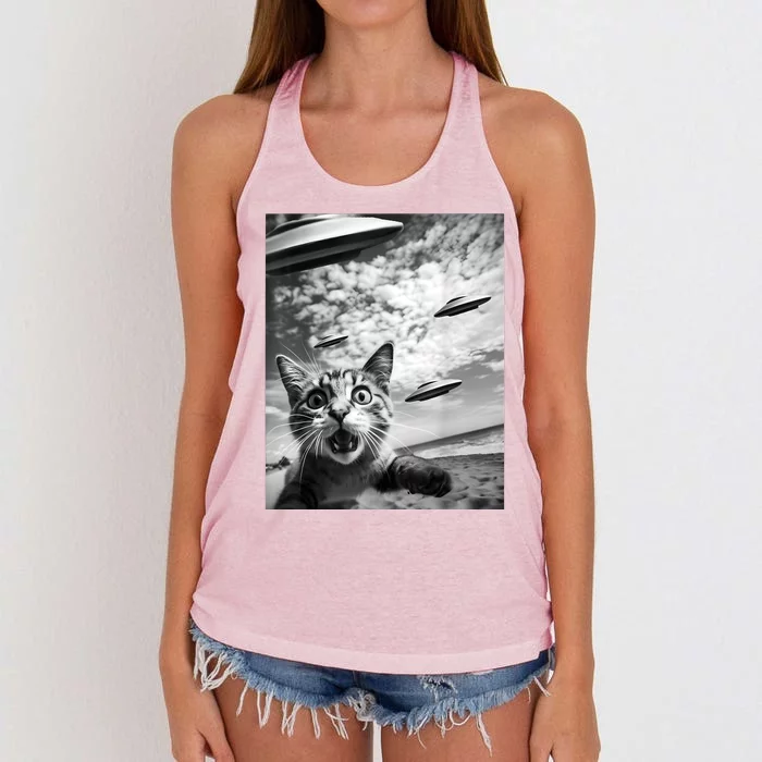 Funny Cat Selfie With Alien Ufos Women's Knotted Racerback Tank