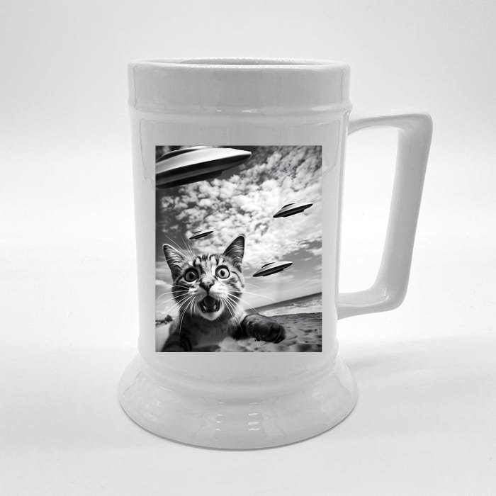 Funny Cat Selfie With Alien Ufos Front & Back Beer Stein