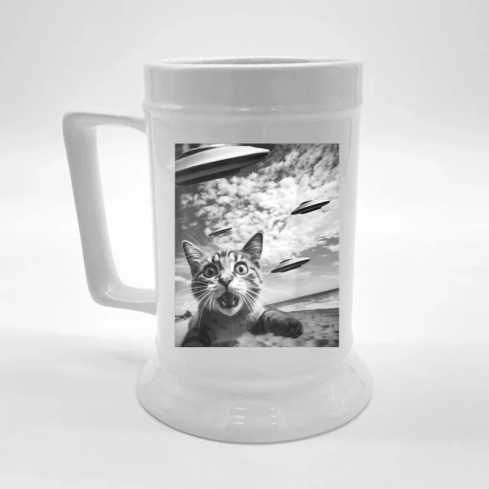 Funny Cat Selfie With Alien Ufos Front & Back Beer Stein