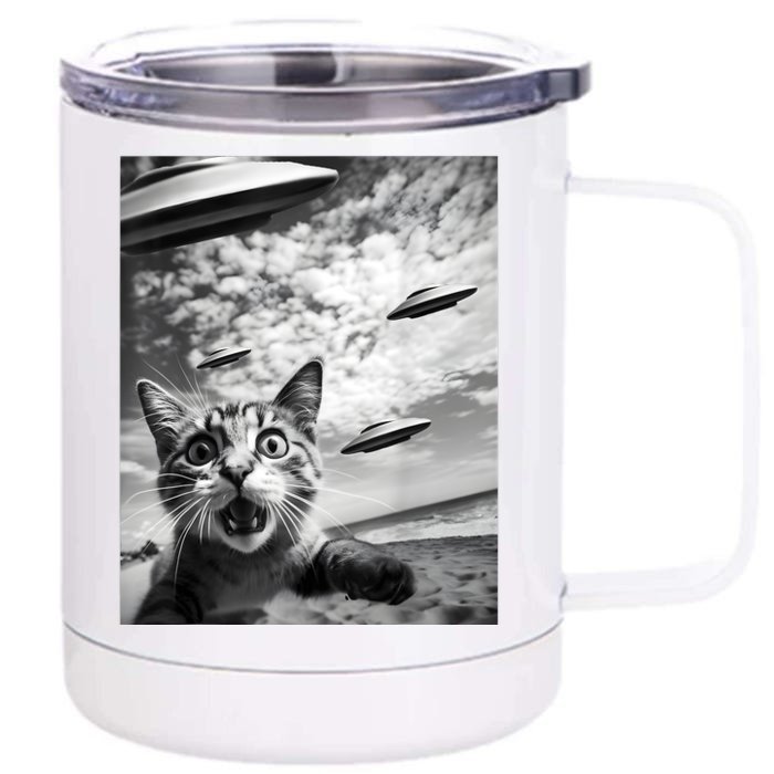 Funny Cat Selfie With Alien Ufos Front & Back 12oz Stainless Steel Tumbler Cup