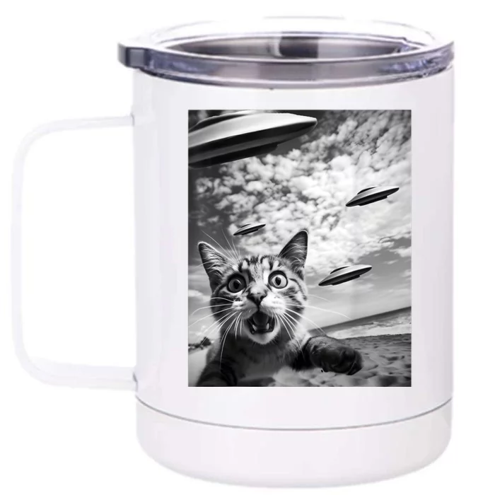 Funny Cat Selfie With Alien Ufos Front & Back 12oz Stainless Steel Tumbler Cup