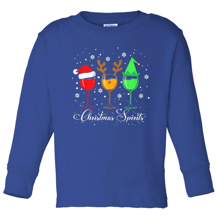 Funny Christmas Spirits Glasses Of Wine Xmas Holidays Party Toddler Long Sleeve Shirt