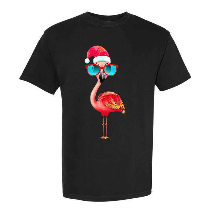 Flamingo Christmas Santa Hat Sunglasses Beach Party Garment-Dyed Heavyweight T-Shirt