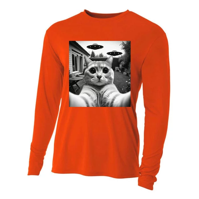 Funny Cat Selfie With Ufos Cat Mom Cat Dad Funny Cat Lover Cooling Performance Long Sleeve Crew