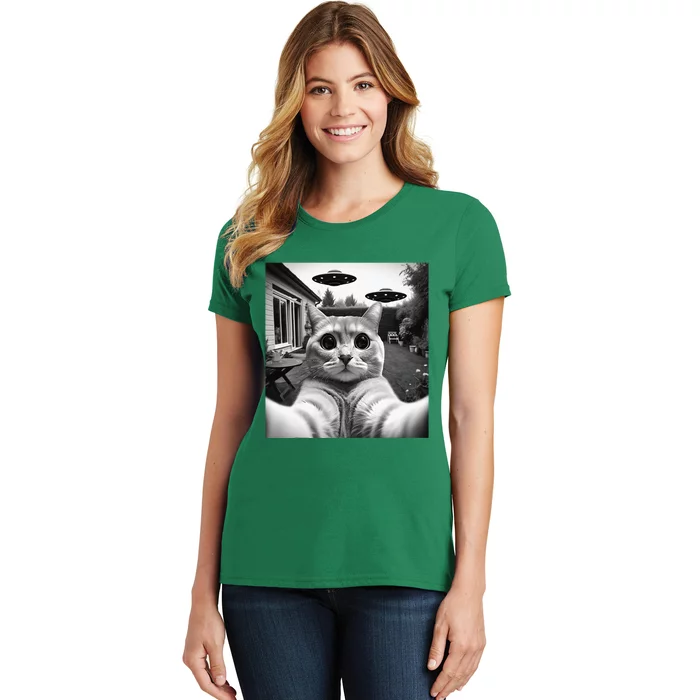 Funny Cat Selfie With Ufos Cat Mom Cat Dad Funny Cat Lover Women's T-Shirt