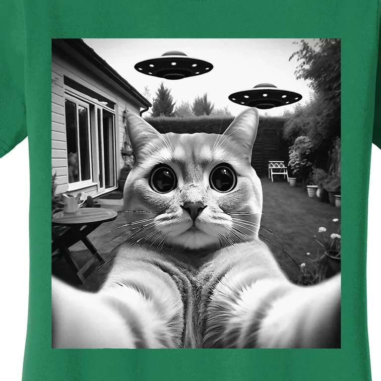 Funny Cat Selfie With Ufos Cat Mom Cat Dad Funny Cat Lover Women's T-Shirt