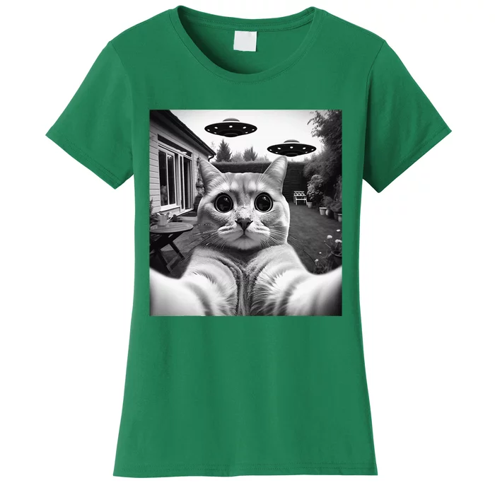 Funny Cat Selfie With Ufos Cat Mom Cat Dad Funny Cat Lover Women's T-Shirt