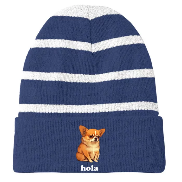 Funny Chihuahua speaks Spanish – Hi (Hola) Striped Beanie with Solid Band