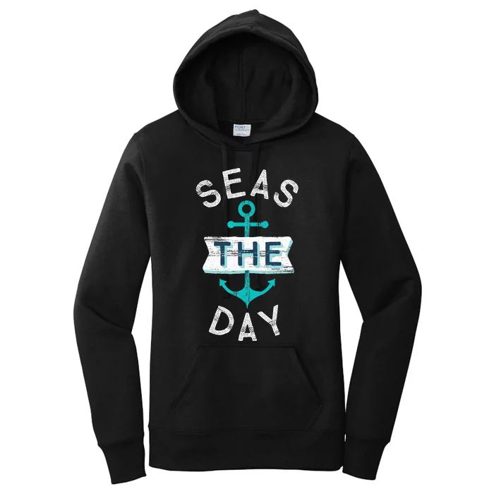 Funny Cruise Saying Seas Day Teal Nautical Anchor Gift Women's Pullover Hoodie