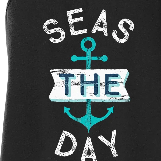 Funny Cruise Saying Seas Day Teal Nautical Anchor Gift Women's Racerback Tank