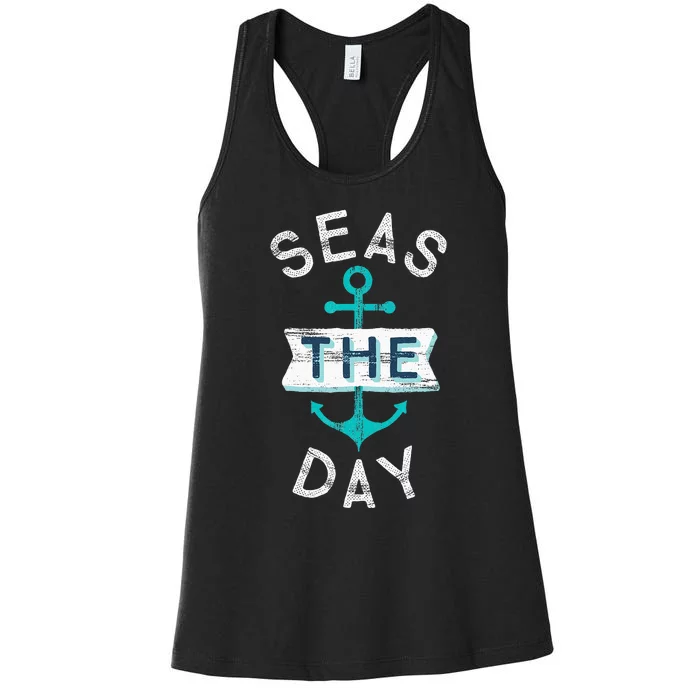 Funny Cruise Saying Seas Day Teal Nautical Anchor Gift Women's Racerback Tank