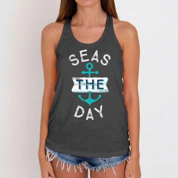 Funny Cruise Saying Seas Day Teal Nautical Anchor Gift Women's Knotted Racerback Tank