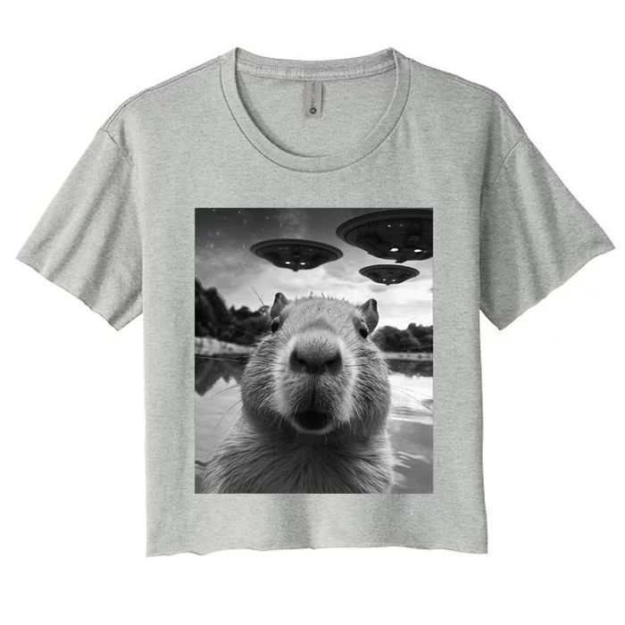 Funny Capybara Selfie with UFOs Weird Women's Crop Top Tee