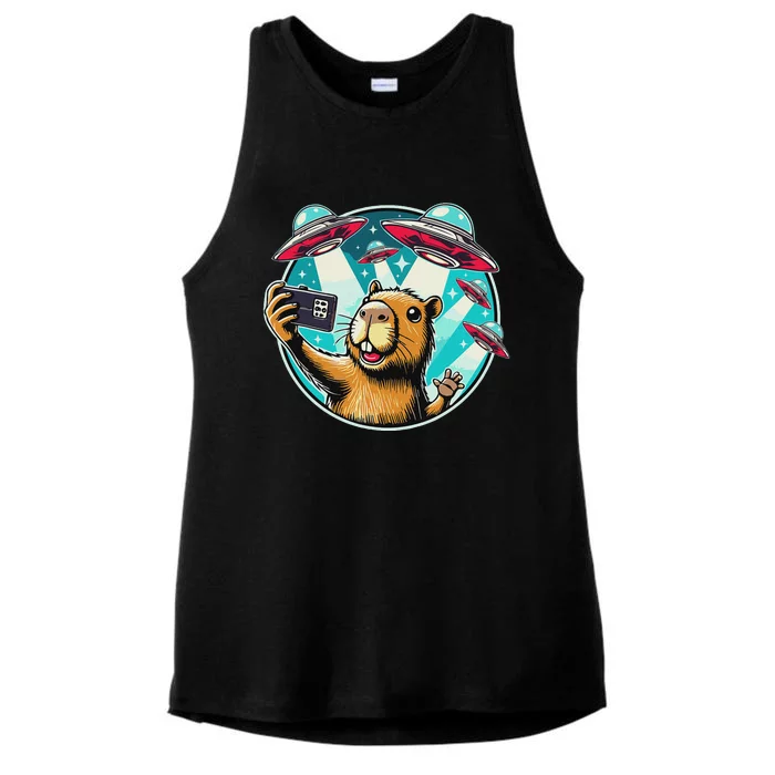 Funny Capybara Selfie With Ufos Ladies Tri-Blend Wicking Tank